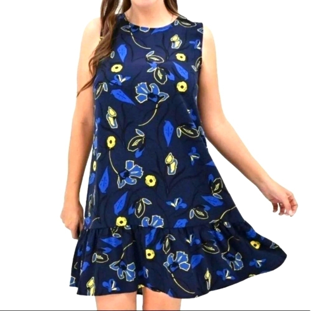 Nordstrom Halogen Blue Floral  Shift Dress Sleeveless mini ruffle hem Size Small